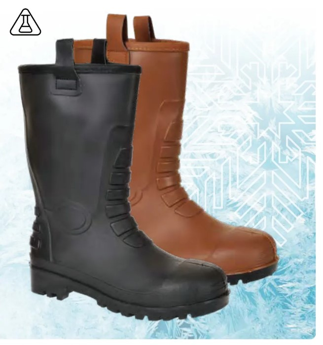 Image of the S5 Neptune Rigger CI FW75 safety shoe in brown and black with a link to the article. In the background there is a blue pattern with stylized snowflakes.