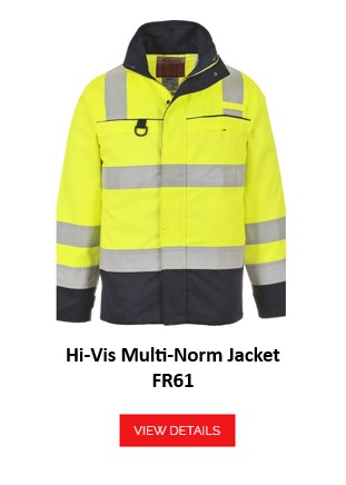 A yellow and black high visibility jacket with silver reflective stripes on the arms, chest and waist. The Bizflame FR61 Flame Retardant, Anti-Static Multi-Standard Hi-Vis Jacket has a high collar, a zip fastening and additional press stud fastenings at the front. It has several pockets including a zipped chest pocket. The bottom half of the jacket is black while the rest is yellow for better visibility. The name of the garment is below and a red button/click on the image takes you to the article.