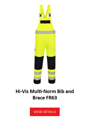 A yellow and black high visibility dungaree with silver reflective stripes on the legs. The FR63 multi-standard high visibility dungaree has adjustable straps, a large chest pocket and additional pockets on the legs. The lower half of the legs is black while the rest of the garment is high visibility yellow. The name of the garment is below and a red button/click on the image takes you to the article.