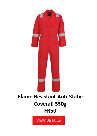 A red flame retardant and antistatic protective coverall with silver reflective stripes on the arms, legs and shoulders. The Bizflame 350g FR50 Flame Retardant Antistatic Coverall has two chest pockets and is fastened with a zip. The name of the garment is below and a red button/click on the image takes you to the article.