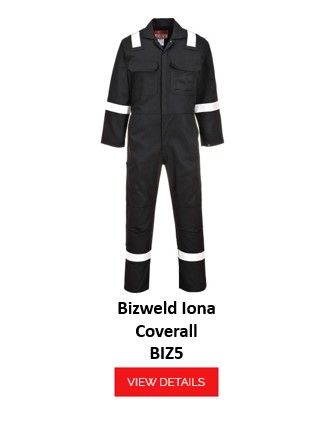 A black, flame-retardant and anti-static protective overall with white reflective stripes on the arms, legs and shoulders. The Bizweld Iona BIZ5 flame-retardant overall has two breast pockets and is closed with a zip. The name of the garment is below and an orange button/click on the image takes you to the article. The name of the garment is below and a red button/click on the image takes you to the article.