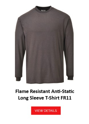 A grey, flame-retardant and antistatic long-sleeved shirt. The FR11 Flame-Retardant, Antistatic Long-Sleeved T-Shirt has a round neck and long sleeves, with no visible pockets or decorations. It is simple and offers protection against heat and electrostatic charge. The name of the garment is below and a red button/click on the picture takes you to the article.