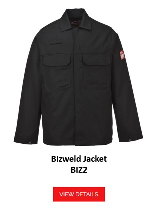 A black, flame-retardant jacket with long sleeves. The Bizweld BIZ2 Flame-Retardant Jacket has two breast pockets with flaps and is closed with buttons at the front. There is a safety certificate patch on the left sleeve. The name of the garment is below and a red button/click on the image takes you to the article.