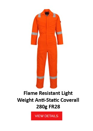 An orange, flame-retardant and antistatic protective overall with silver reflective stripes on the arms, legs and shoulders. The Flame-Retardant, Antistatic Overall Bizflame 280g FR28 has two breast pockets and is closed with a zipper. The name of the garment is below and a red button/click on the picture takes you to the article.