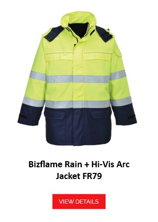 Bizflame arc flash multi-norm high visibility jacket FR79 in yellow with reflective stripes, specially designed for protection against arc flashes. A link to the article page is provided.