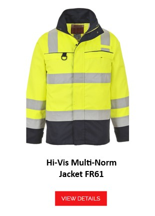 Bizflame FR61 flame retardant, anti-static multi-norm high visibility jacket in yellow with reflective stripes, offers comprehensive protection and visibility. A link to the article page is provided.