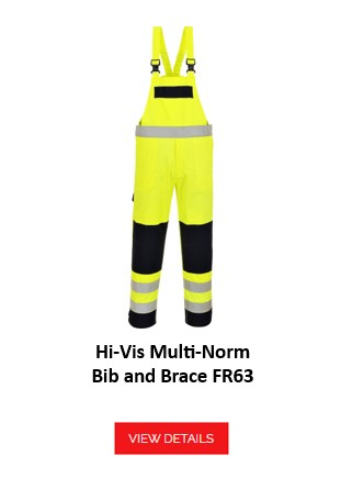 Multinorm high visibility dungarees FR63 in yellow color with reflective stripes, offers protection and visibility at work. A link to the article page is provided.