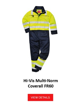 Multinorm high visibility overalls FR60 in yellow and dark blue color with reflective stripes. A link to the article page is provided.