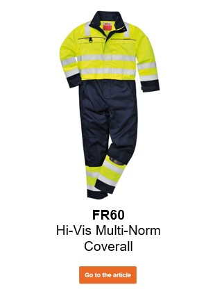 Image of the Multinorm high-visibility overall FR60 in yellow and blue with a link to the article page.