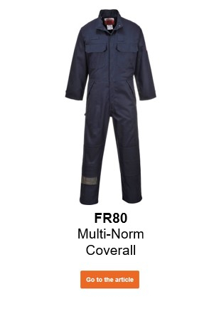 Image of the flame-retardant, anti-static Multinorm work overall Bizflame FR80 in blue with a link to the article page.