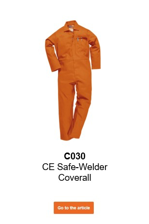 Image of the flame-retardant overall CE Safe-Welder™ C030 in orange with a link that leads to the article page.