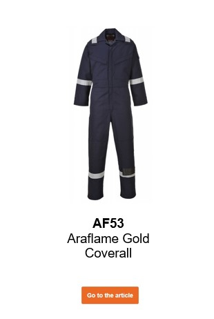 Image of the flame-retardant, antistatic overall Araflame Gold AF53 in blue with a link that leads to the article page.