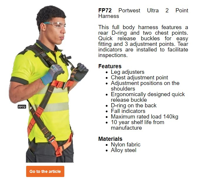 A worker wears a yellow safety vest and full fall protection equipment. He also wears protective gloves and goggles. The Portwest Ultra 2-point harness FP72 is shown with a description of its features, a link to the article page with the details is provided.