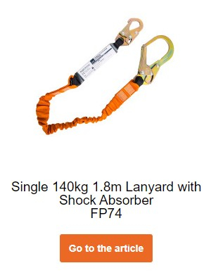 Elastic lanyard 1.8m with band energy absorber up to 140kg FP74 in orange. A link is provided that leads to the article page.