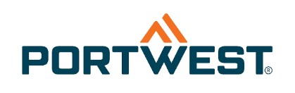 Logo of the manufacturer Portwest with dark blue lettering and an orange double triangle above it.