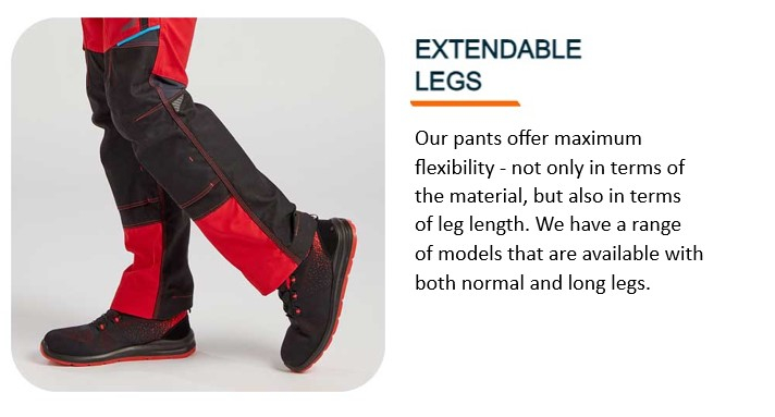 Legs in red workwear with red-soled work shoes against a white background. There is a link that leads to our work trousers.