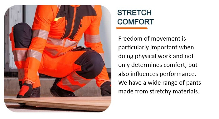 Torso and legs of a worker dressed in orange work clothes who is lifting a board from the ground. There is a link that leads to our work clothes with stretch content.