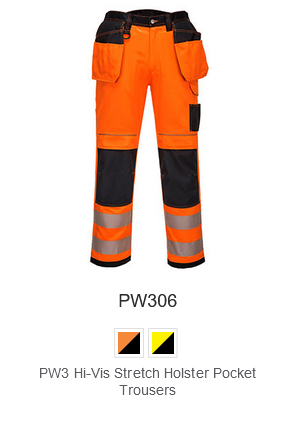 PW3 high visibility stretch trousers with holster pockets PW306 in orange with black details and a link to the article.