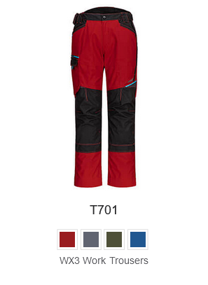 WX3 trousers T701 in red with a link that leads to the article page.