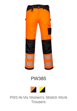 PW3 high visibility stretch work trousers for women PW385 in orange with black details and a link that leads to the article page.