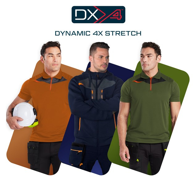 Three men in workwear from Portwest's DX4 collection in front of three color fields in rust red, dark blue and moss green, which reflect the respective colors of the workwear. Above the image is the red, blue and white logo of the DX4 collection and the lettering "DYNAMIC DX4 STRETCH". There is a link that leads to the DX4 collection.