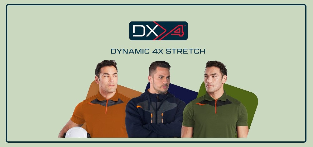 Three men in workwear from Portwest's DX4 collection in front of three color fields in rust red, dark blue and moss green, which reflect the respective colors of the workwear. Above the image is the red, blue and white logo of the DX4 collection and the lettering "DYNAMIC DX4 STRETCH".