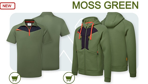 DX4 Polo Shirt DX410 in moss green with a link to the article. To the right of it is the DX4 hoodie with zip DX472 in moss green with a link to the article page.