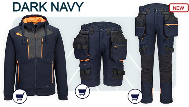 DX4 Hoodie with zipper DX472 in dark navy with a link that leads to the article. To the right of this is a picture of the DX4 Shorts with removable holster pockets DX444 in dark navy with a link to the article and the DX4 Trousers DX440 with removable holster pockets in dark navy with a link to the article page.