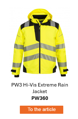 Image of the PW3 breathable rain jacket Extreme PW360 in yellow with reflective stripes. A link to the article page is provided.