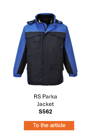 Image of the S562 lined parka in navy blue with royal blue details. A link to the article page is provided.