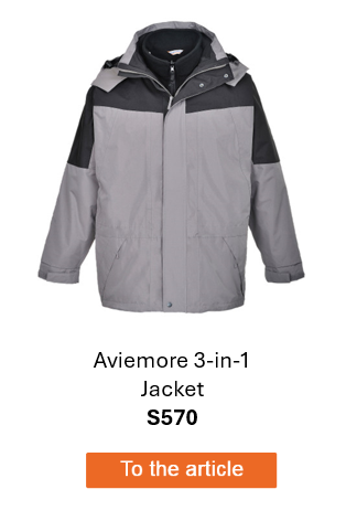 Image of the Aviemore S570 waterproof 3-in-1 men's jacket in gray with black details. A link to the article page is provided.