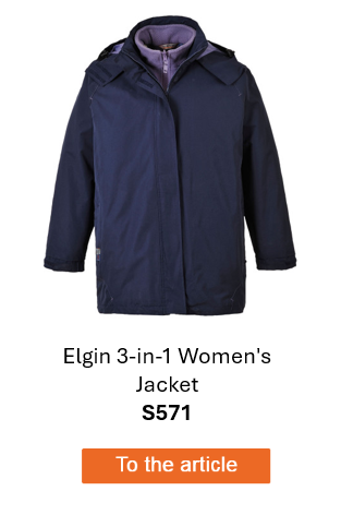 Image of the Elgin S571 waterproof 3-in-1 women's jacket in navy blue with lilac details. A link to the article page is provided.