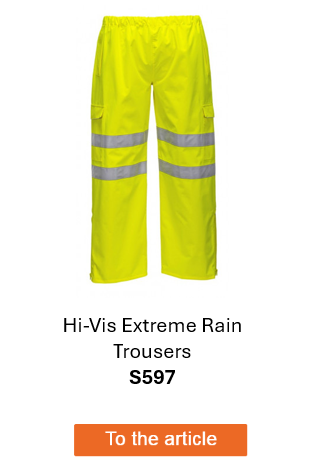 Image of the high-visibility trousers Extreme S597 in yellow with reflective stripes. A link to the article page is provided.