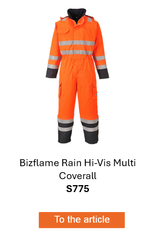 Image of the Bizflame Multinorm rain high-visibility overalls S775 in orange with reflective stripes and blue details. A link to the article page is provided.