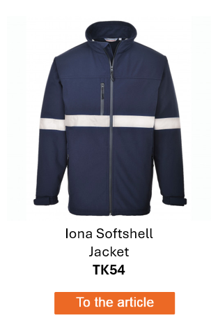 Image of the waterproof softshell jacket Iona TK54 in blue with reflective stripes. A link to the article page is provided.