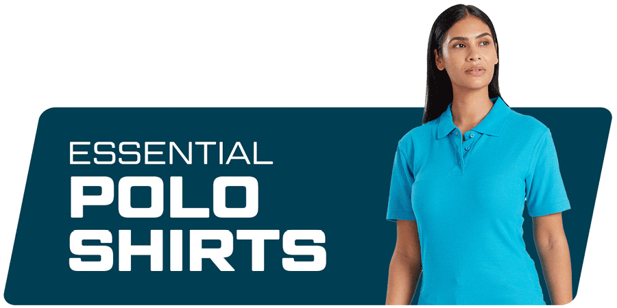 A woman in a blue polo shirt stands in front of a dark blue background. To her left is the text "ESSENTIAL POLO SHIRTS" in white capital letters. A link is provided that leads to our polo shirts.