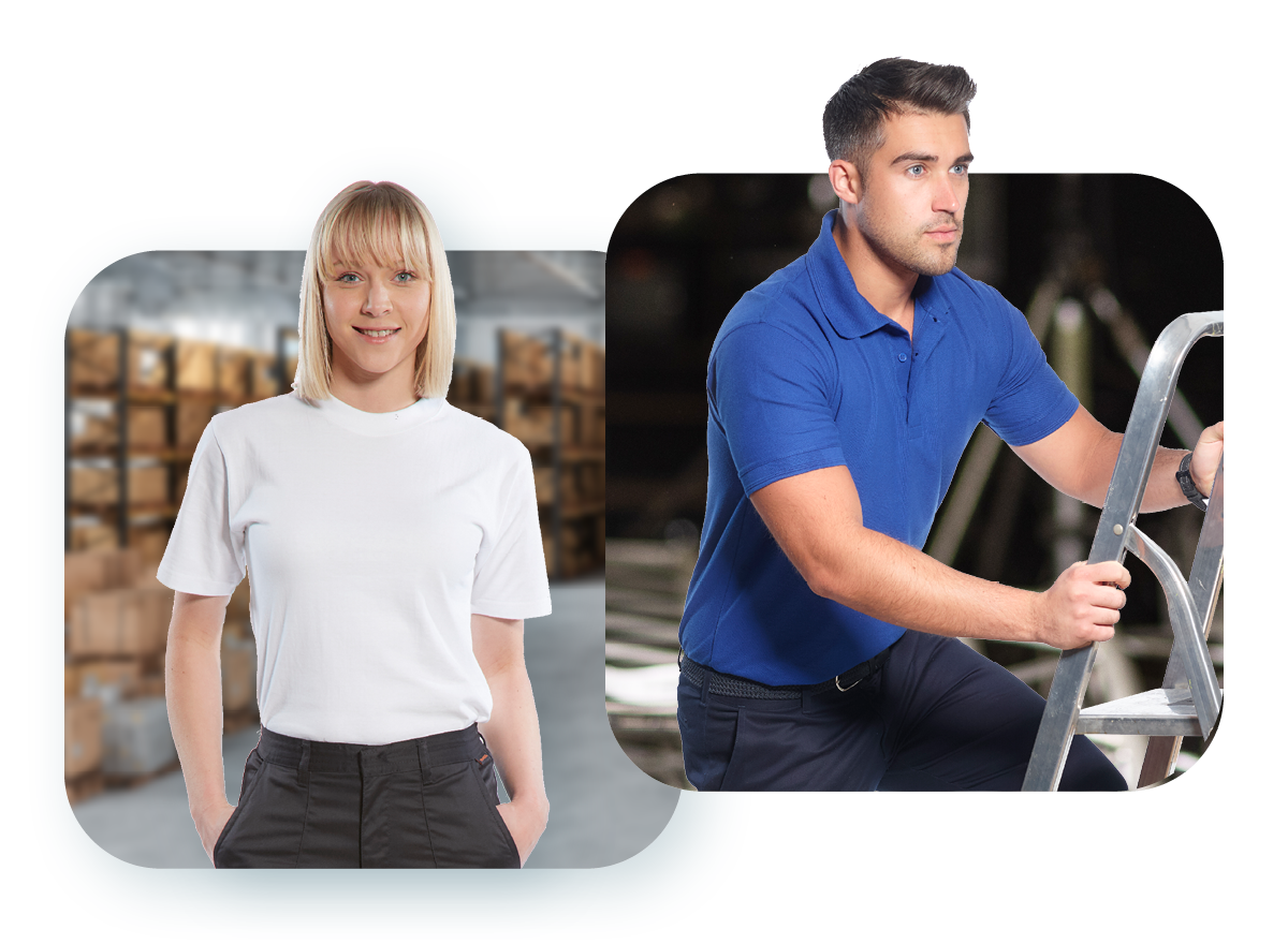 Two people are wearing work clothes. On the left is a woman with blonde hair wearing a white T-shirt and black trousers, in front of a background of shelves and boxes. On the right, a man with short dark hair and a blue polo shirt climbs a ladder against a dark background.