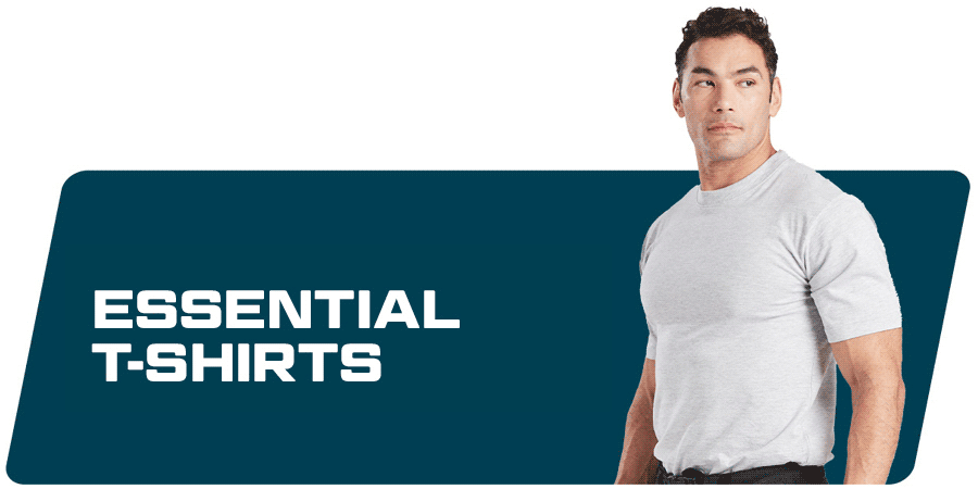 A man in a gray t-shirt stands against a dark blue background. To his left is the text "ESSENTIAL T-SHIRTS" in white capital letters. A link is provided that leads to our selection of T-shirts.