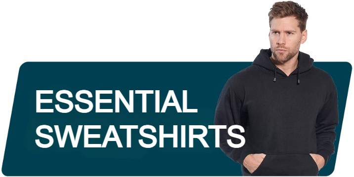 A man in a black hoodie stands in front of a dark blue background. To his left is the text "ESSENTIAL HOODIES AND SWEATSHIRTS" in white capital letters. There is a link to our sweatshirts.