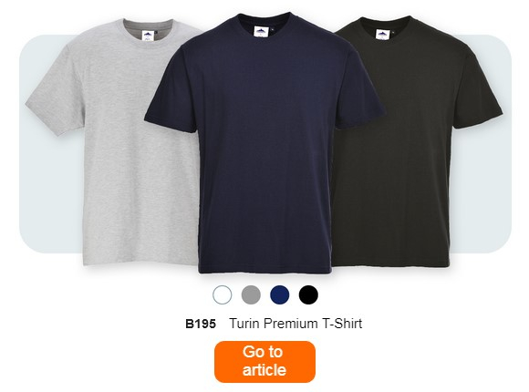 Three T-shirts in different colors (gray, dark blue and black) arranged next to each other. Small color dots in gray, white, dark blue and black can be seen under the T-shirts. Below is the text "B195 Premium T-Shirt Turin". An orange button with a link to the article page is placed at the bottom of the image.