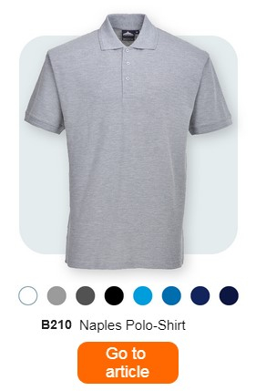 A grey men's polo shirt, labelled "B210 men's naples polo shirt". Underneath the polo shirt, small colour dots in grey, light blue, black, dark blue, blue and dark blue can be seen. Below this is the text "B210 men's naples polo shirt". An orange button with a link to the product page is placed at the bottom of the image.