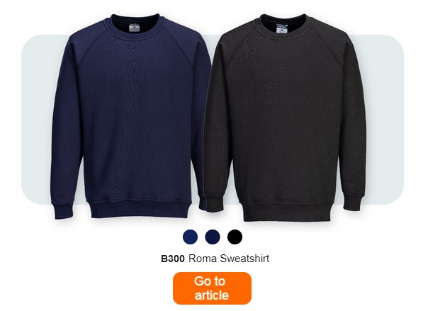 Two sweatshirts side by side, one in dark blue and the other in black, labelled the "B300 Roma Sweatshirt". Below are small dots of colour in dark blue, blue and black. An orange button with a link to the item page is placed at the bottom of the image.