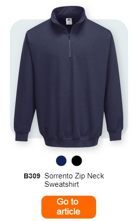 A dark blue sweatshirt with a zip on the collar, labelled "B309 Sorrento Zip Sweatshirt". Below are small colour dots in dark blue and black. An orange button with a link to the article page is placed at the bottom of the image.