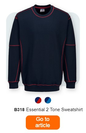 A two-tone sweatshirt, labelled "B318 Two-tone Sweatshirt". The sweatshirt is dark blue with red stitching. Below are small colour dots in red and blue. An orange button with a link to the article page is placed at the bottom of the image.