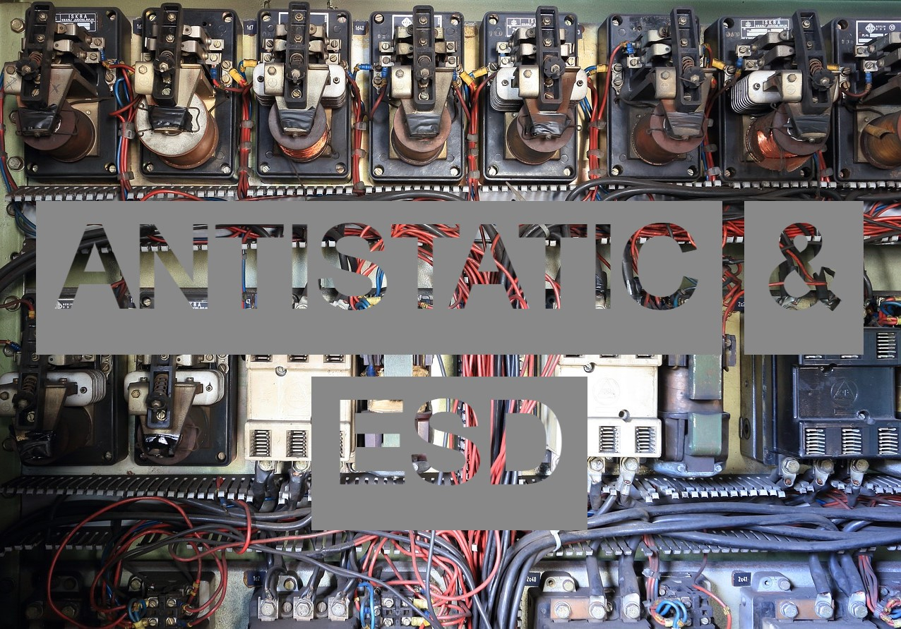 A technical view of a control cabinet with cables and circuits, superimposed with the word 'Antistatic & ESD'. A link to our selection of antistatic protective clothing is provided.