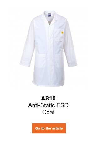 Image of the antistatic coat AS10 in white with a link that leads to the article.