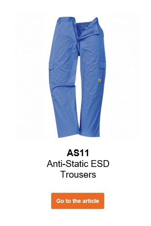 Image of the antistatic ESD trousers AS11 in blue with a link that leads to the article.