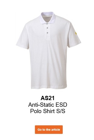 Image of the antistatic ESD polo shirt AS21 in white with a link to the article.