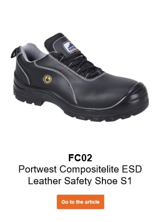 Image of the Portwest Compositelite ESD leather safety shoe S1 FC02 in black with a link to the article.