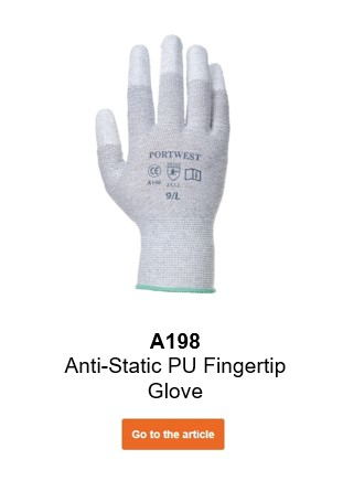 Image of the antistatic PU fingertip glove A198 in grey with a link to the article.